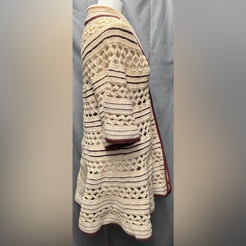 Vintage 60s One of a Kind Hand Crocheted Ivory with Brown Trim Sweater Jacket - Picture 5 of 9